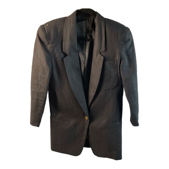 Harris Wallace Women's Vintage Black 100% Linen Blazer Jacket Size Petite - Picture 1 of 13